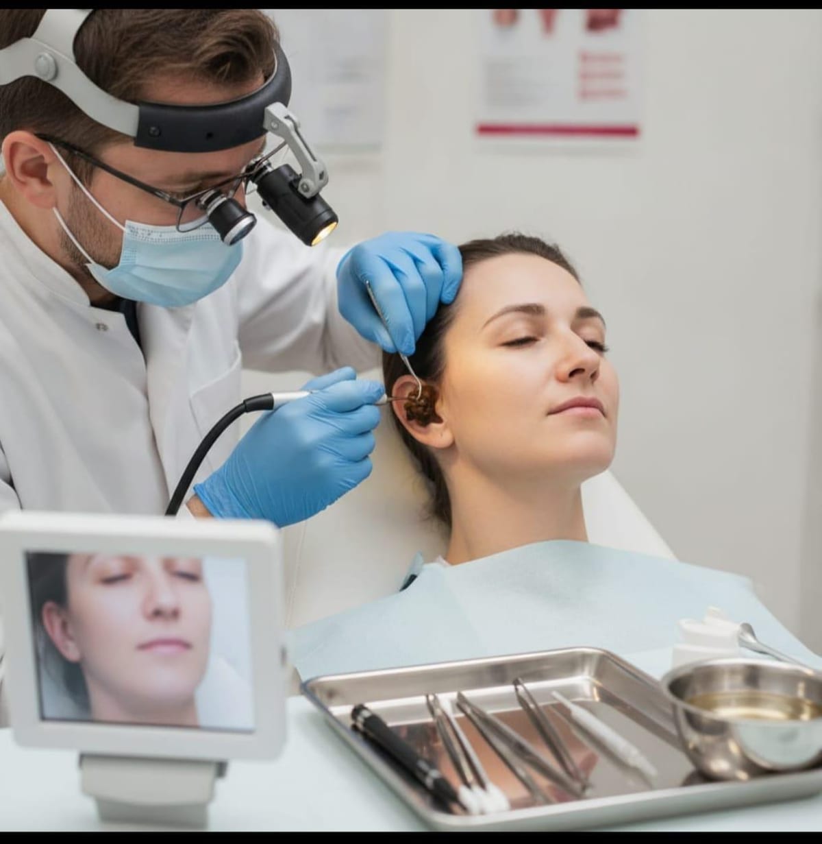 Clinician examining a woman's ear with magnifying equipment and instruments on a tray