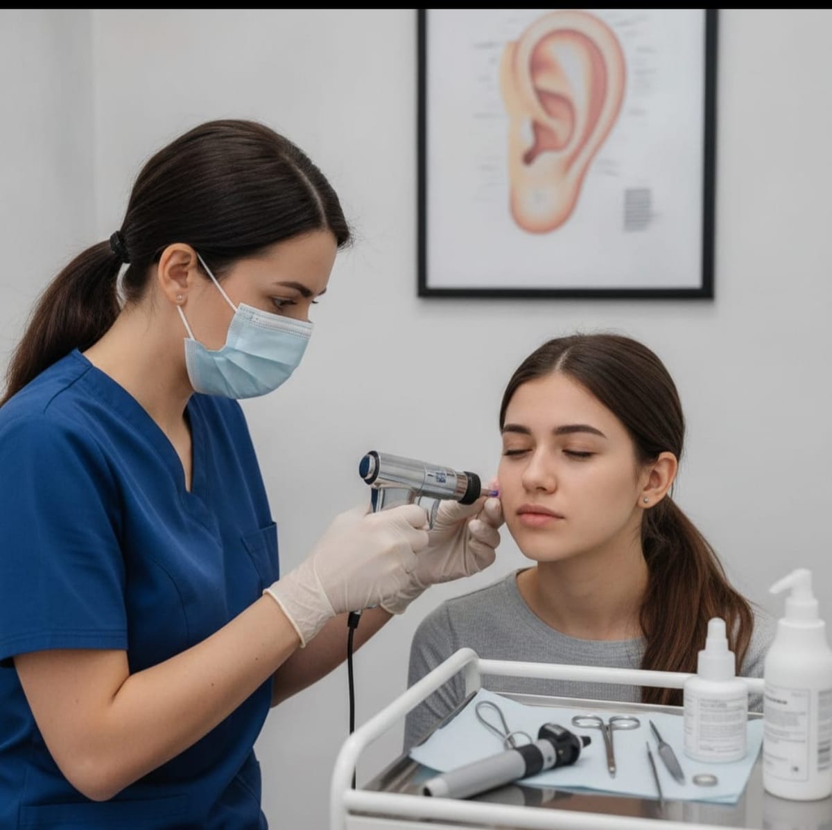 ENT specialist examining a woman's ear with a handheld device in a clinical room