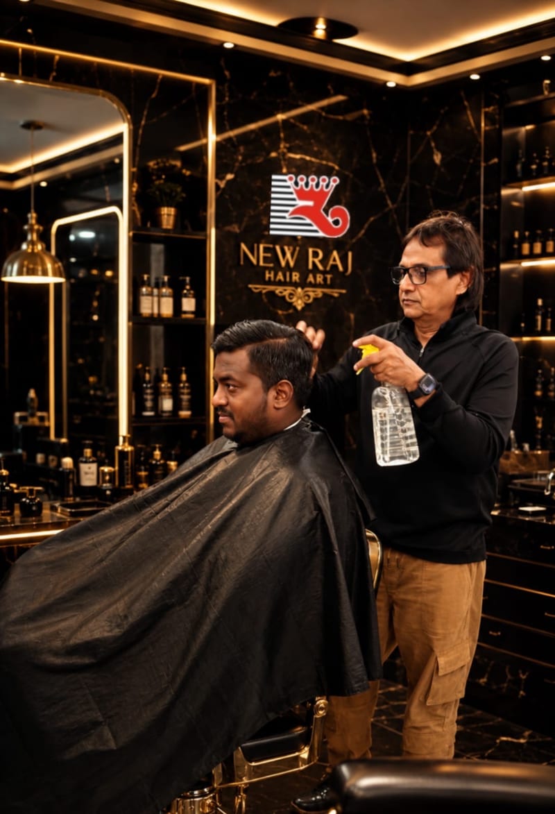 Stylist spraying a seated client's hair beside the New Raj Hair Art sign