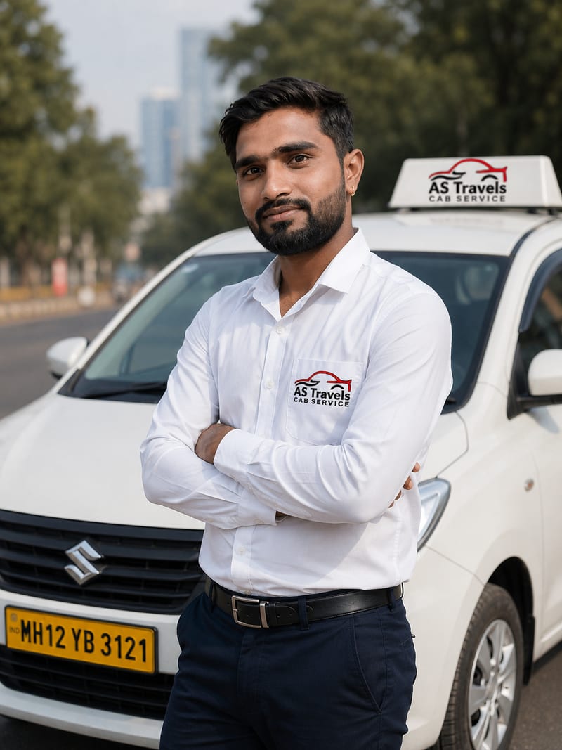 Man in a branded AS Travels shirt standing beside a white car with a roof sign