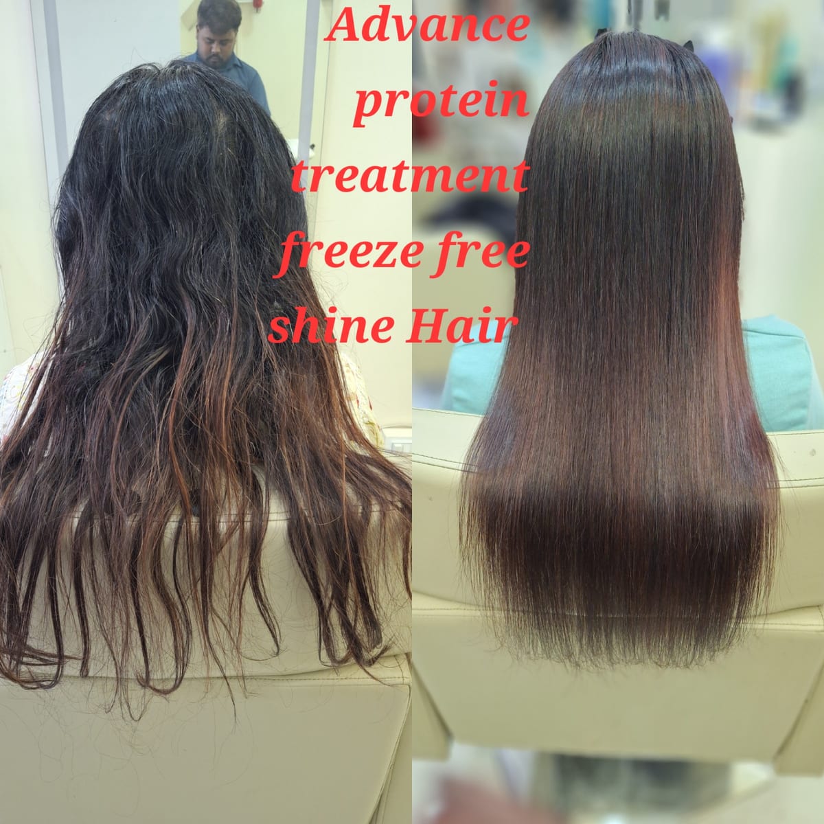 Before-and-after of long wavy hair straightened, shown in a salon mirror