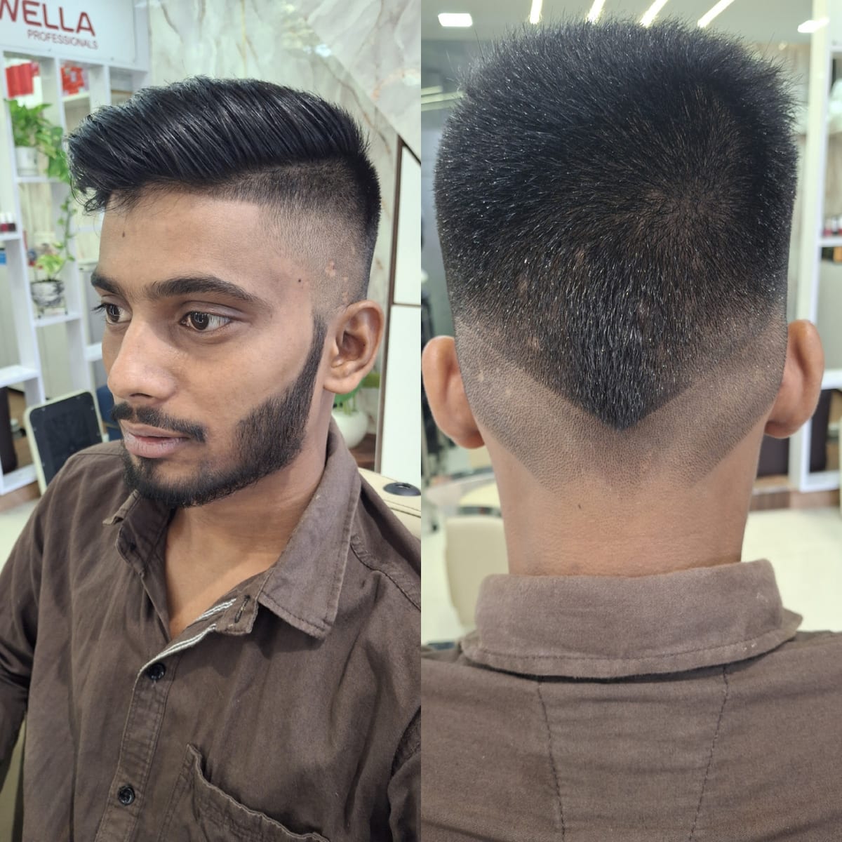 Man showing a styled haircut from front and back in the salon