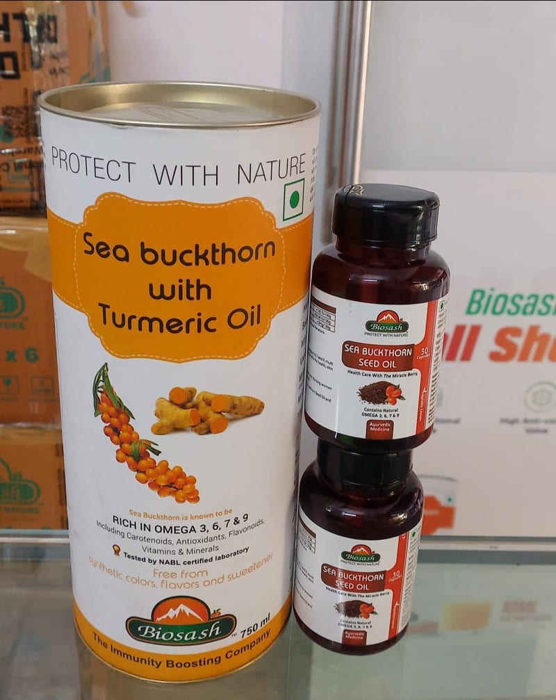 BIOSASH sea buckthorn with turmeric oil canister and two bottles