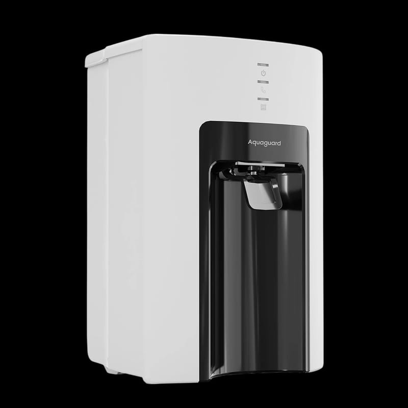White countertop water purifier with black front panel and dispensing tap