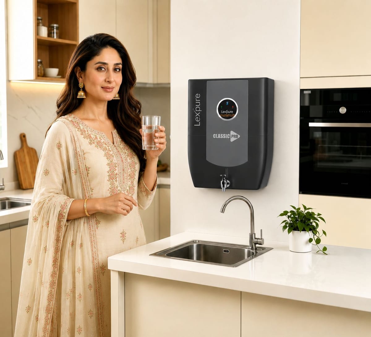 Wall-mounted water purifier in a modern kitchen beside a woman holding a glass