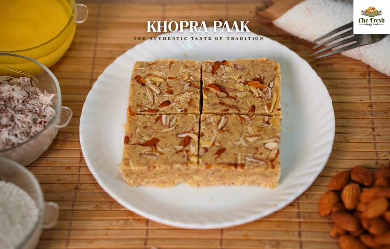 Square nut-topped dessert pieces with almonds and bowls of ingredients