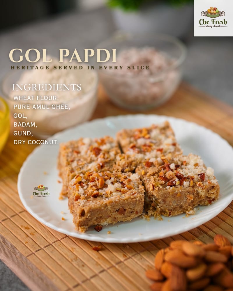 Gol papdi squares on a plate with almonds