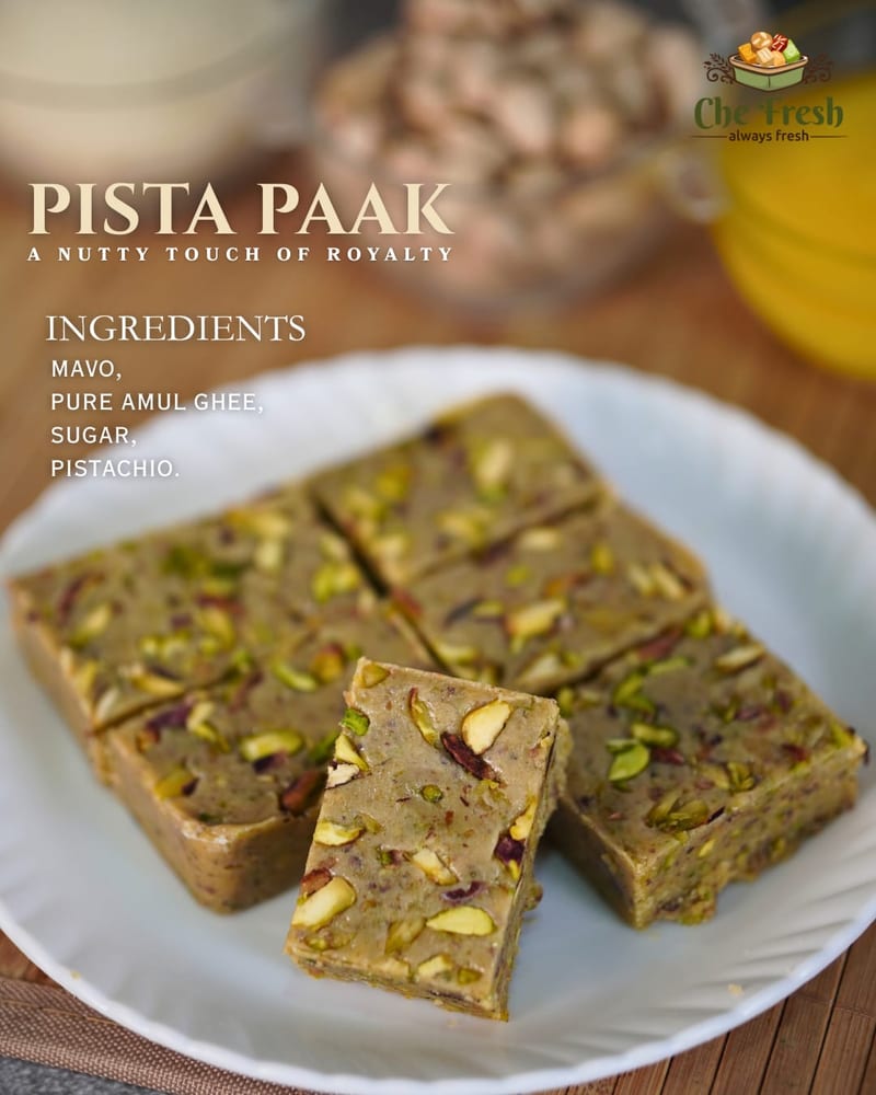 Plate of pista paak pistachio sweets with ingredient text