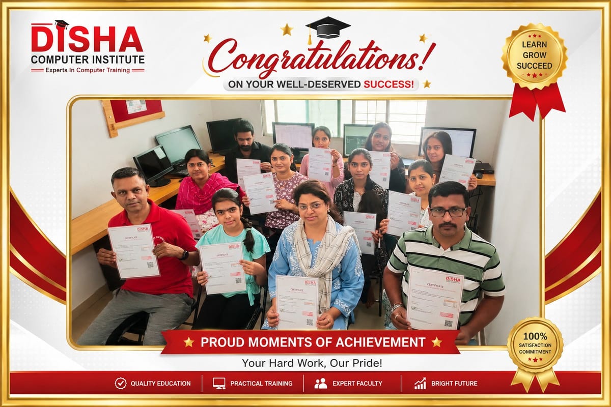Learners holding certificates in a computer classroom beneath a congratulations graphic
