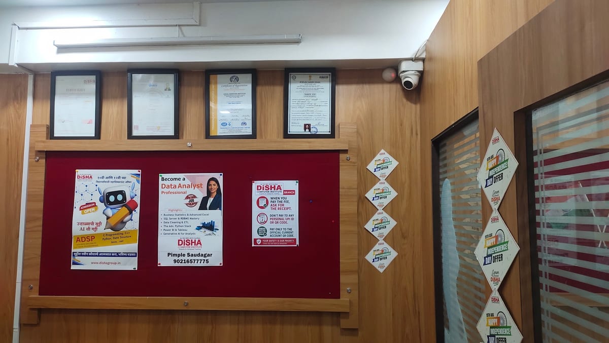 Wood-panelled interior wall with framed certificates, posters and a security camera