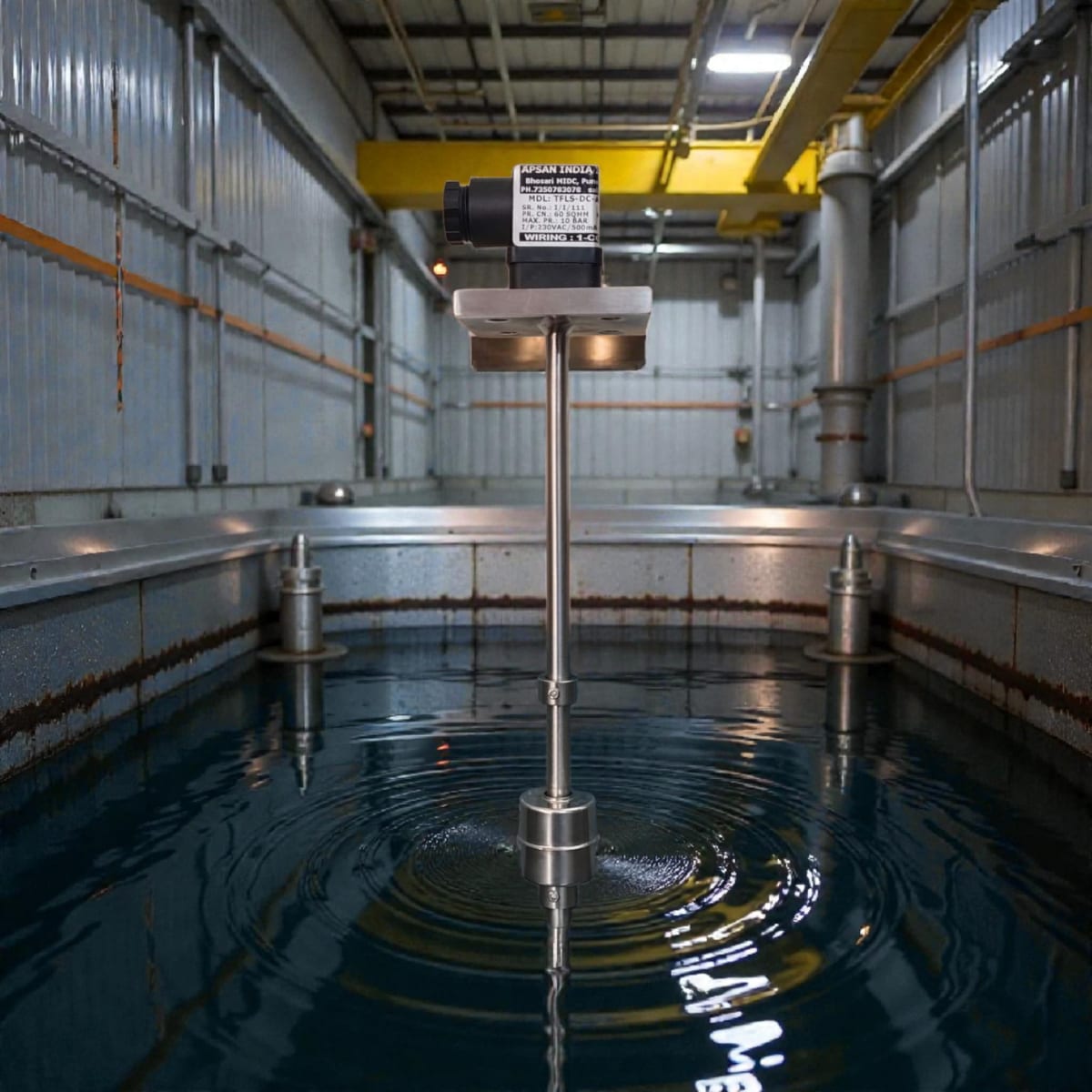 Industrial tank room with a large water-filled test tank and overhead crane