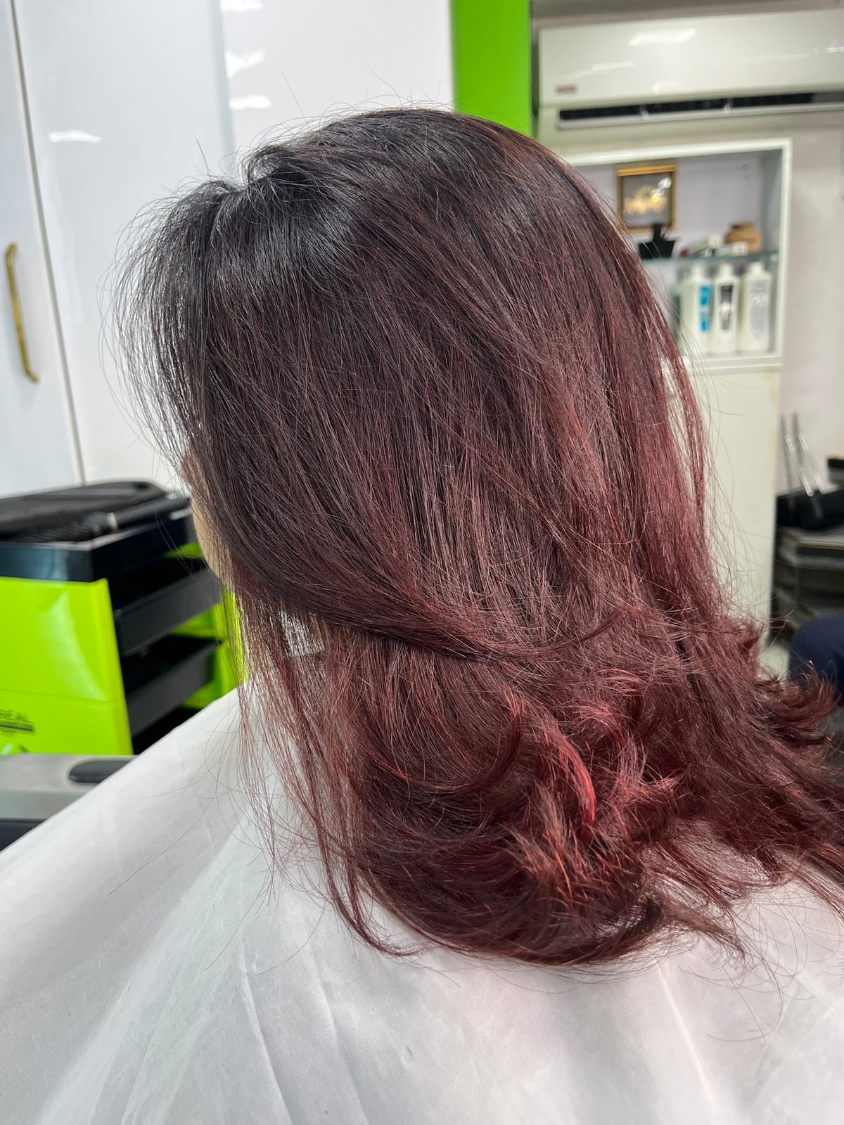 Styled reddish-brown layered hair viewed from the back in a chair