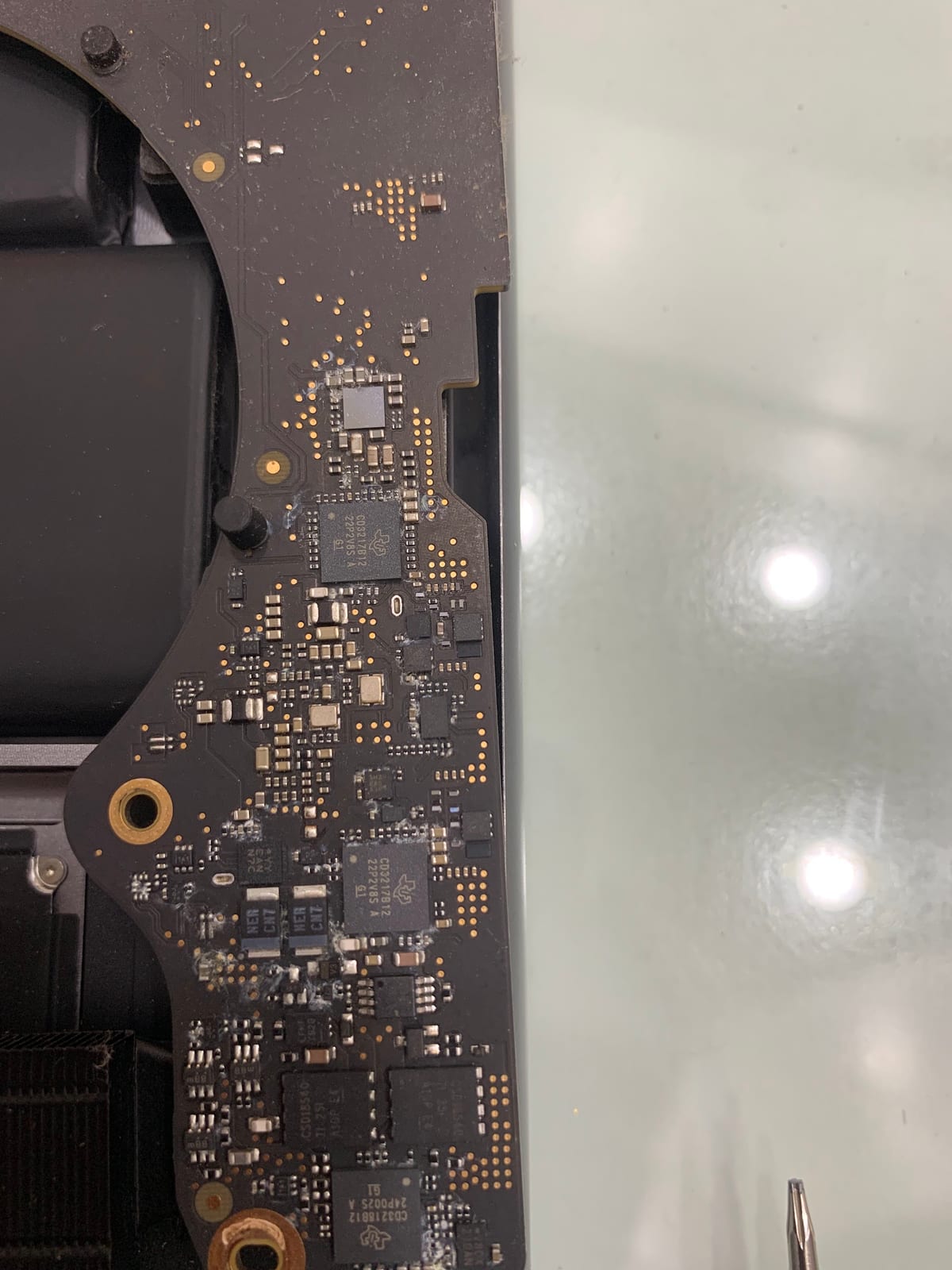 Circuit board with chips, connectors and solder points