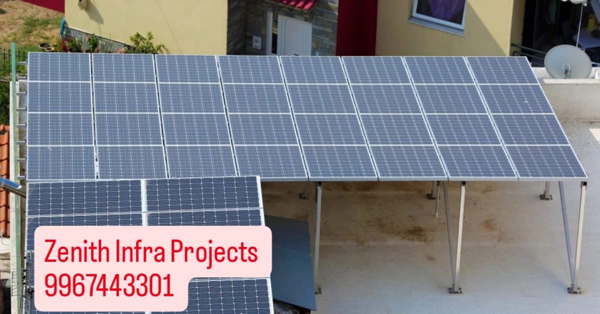 Solar panels on a building exterior with Zenith Infra Projects branding