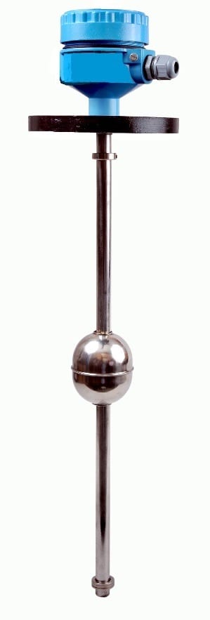 Blue-and-metal industrial level sensor with a long rod and spherical float
