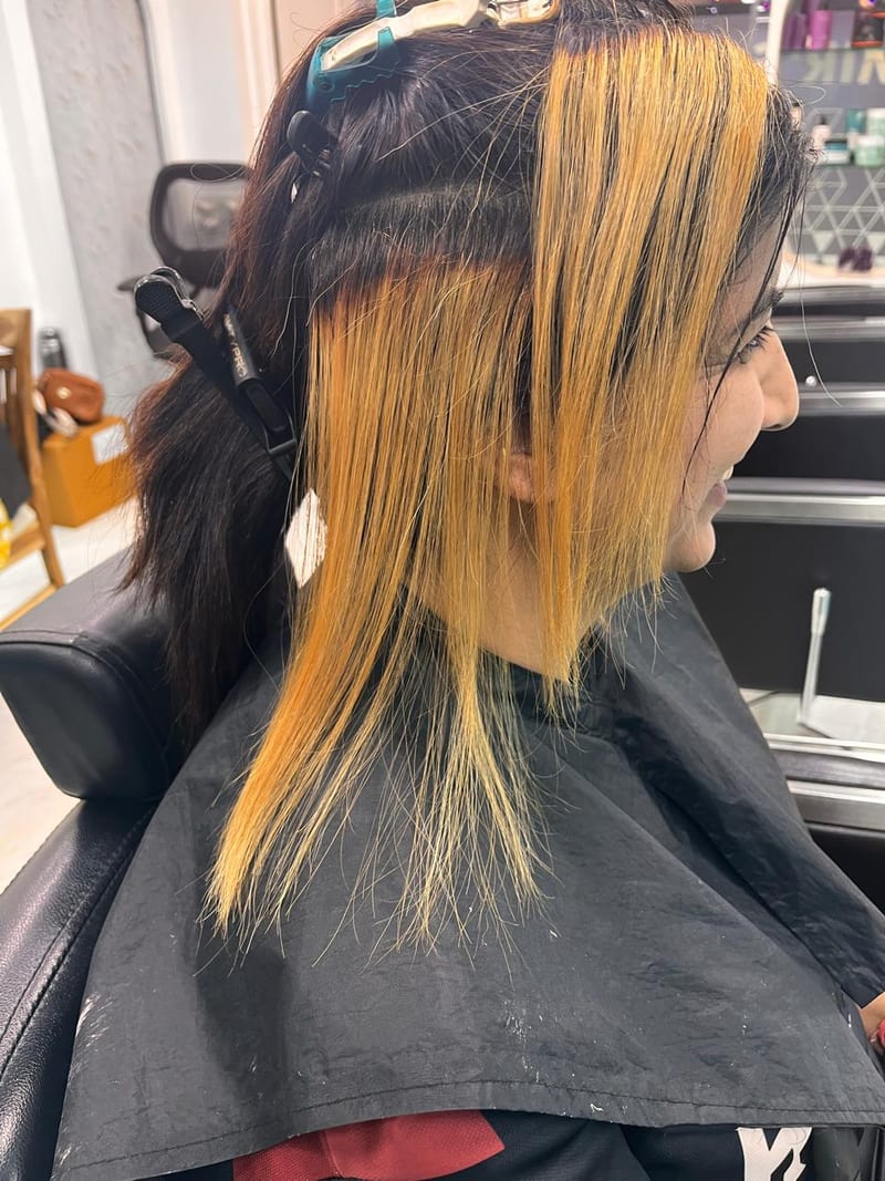 Client with sectioned black and blonde hair under a black salon cape