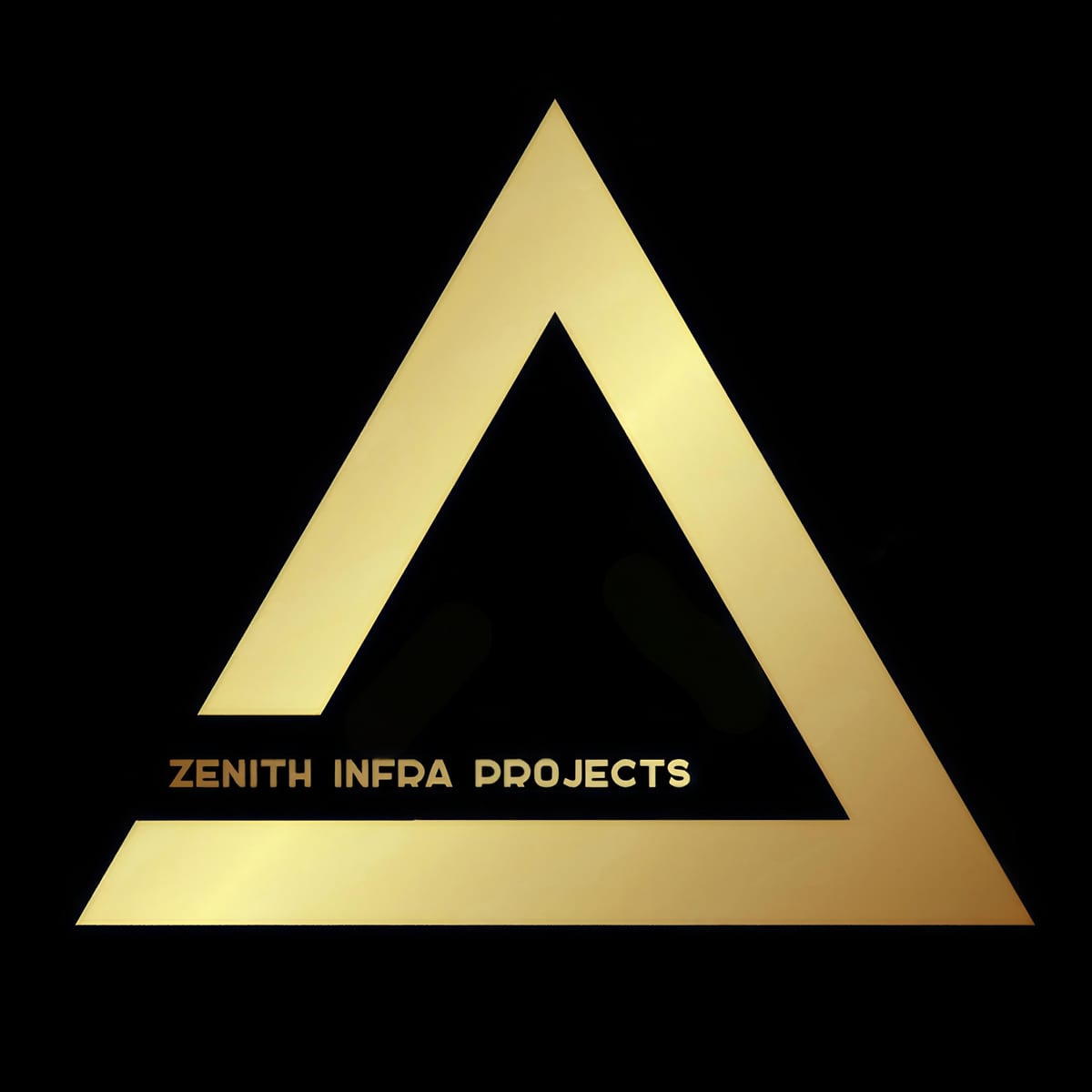 Gold triangular Zenith Infra Projects logo on a black background