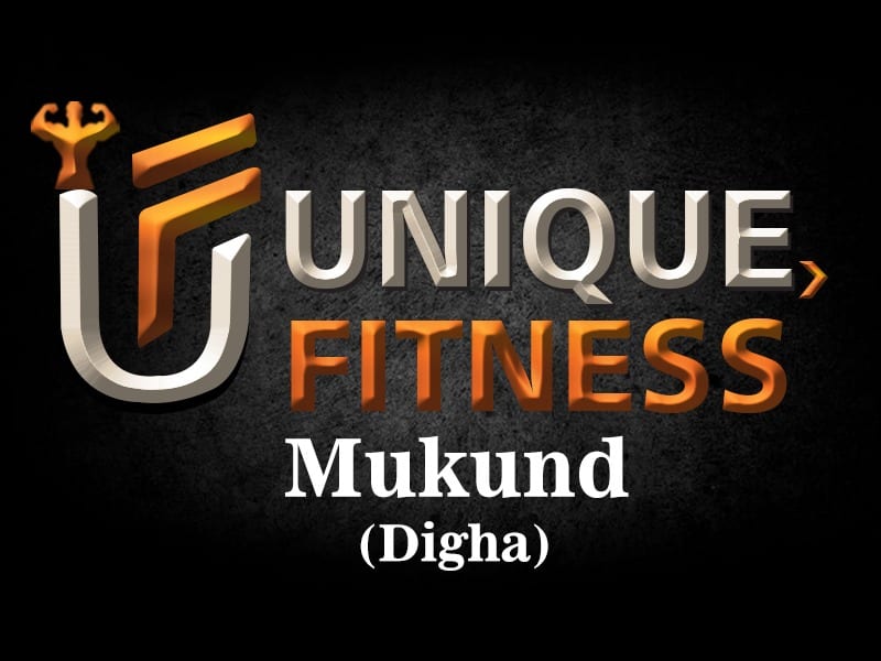 Unique Fitness Mukund (Digha) logo with orange and silver emblem on dark background