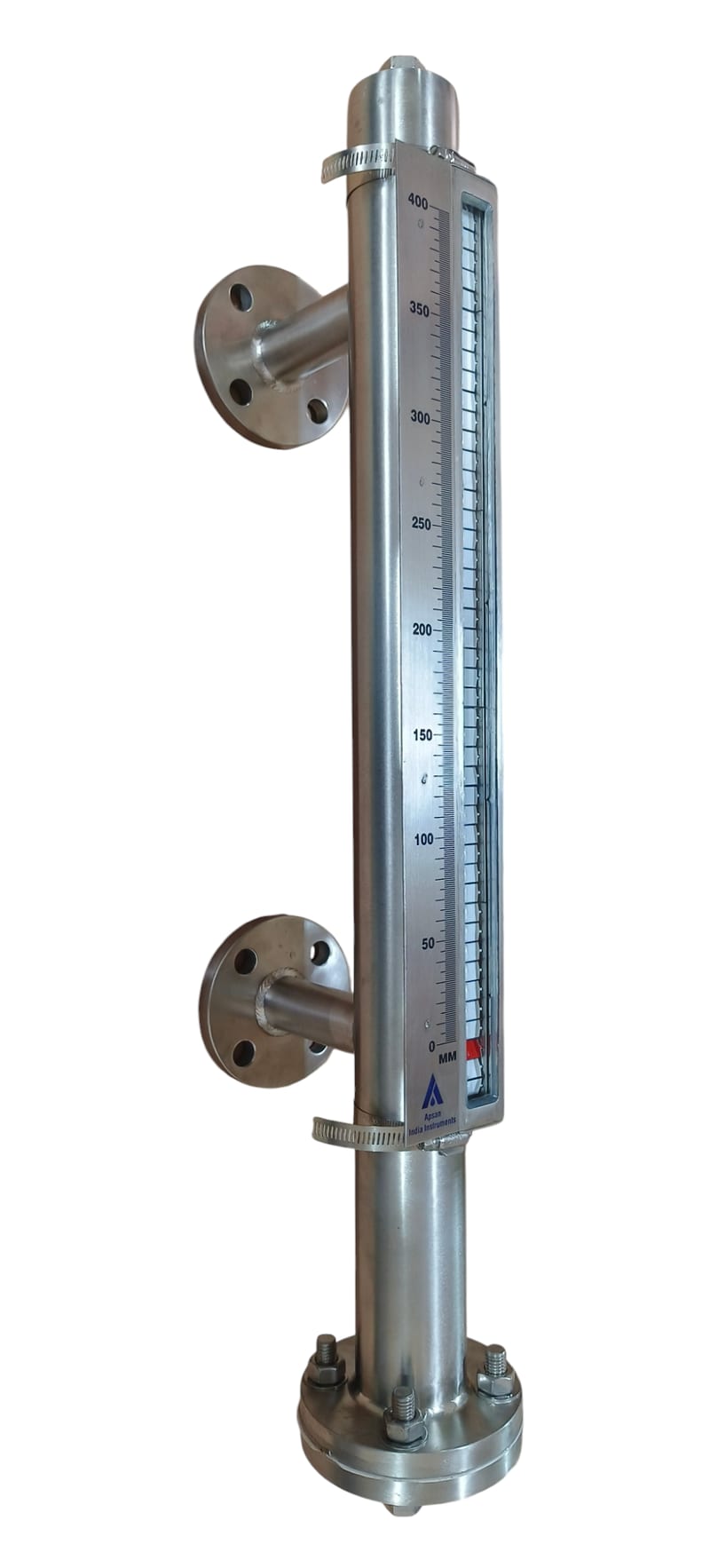 Vertical metal level gauge with graduated scale, red indicator and side flanges
