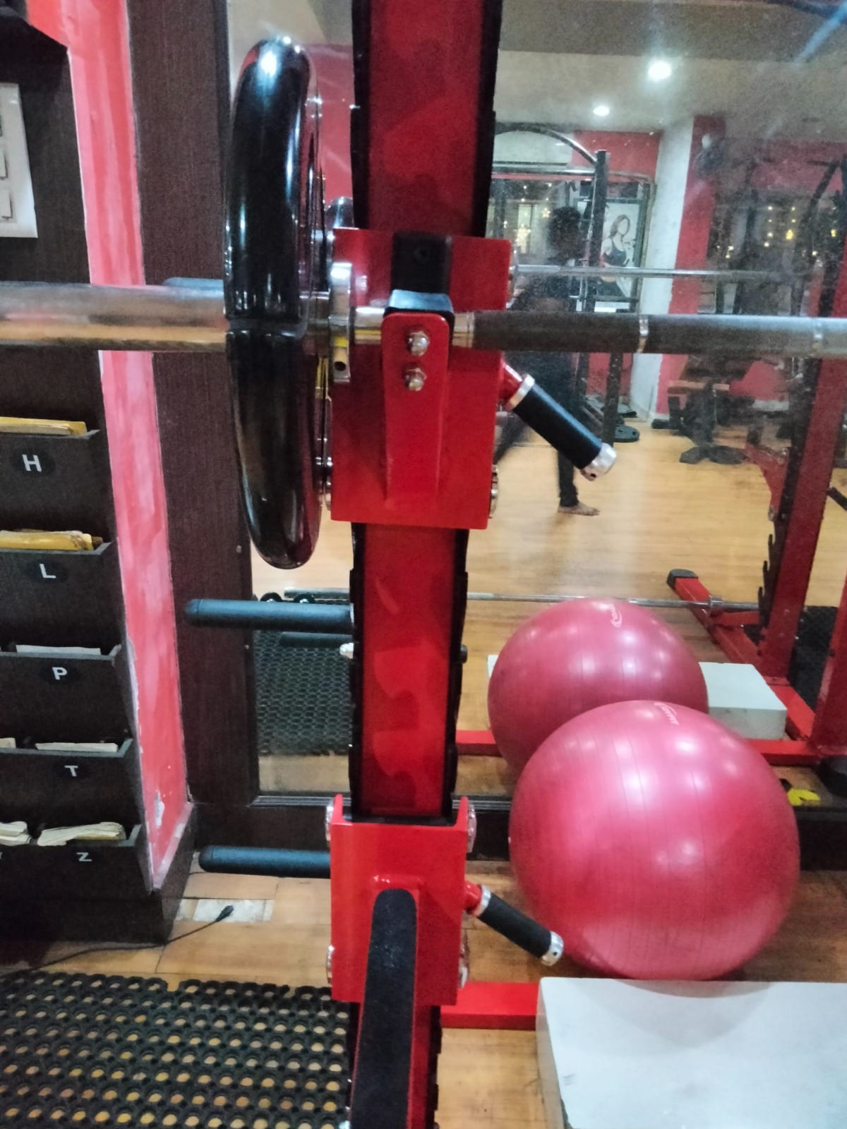 Mirrored fitness room with weight equipment, wooden flooring and pink exercise balls