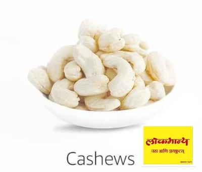 White bowl of cashews with a Cashews label and Lokmanya logo