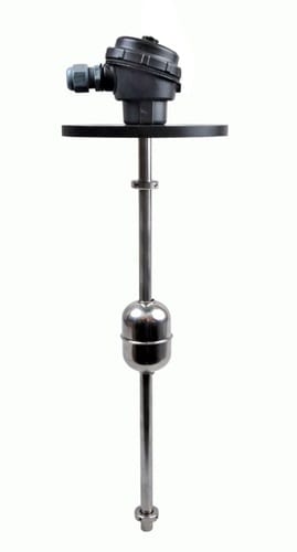 Vertical metal float assembly with black electrical housing and mounting plate