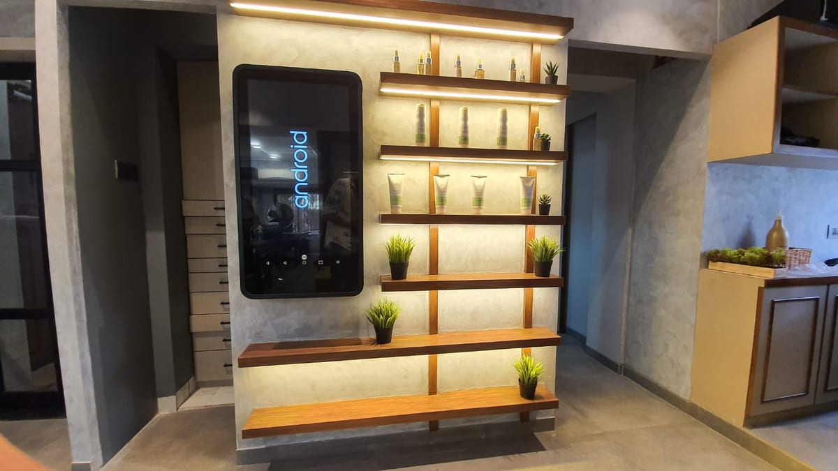 Display wall with illuminated shelves, plants, decorative objects and a beverage cooler