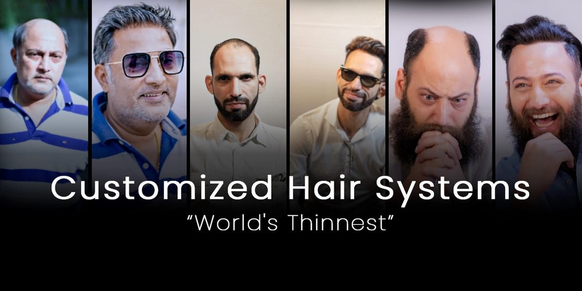 Collage of six men wearing customized hair systems