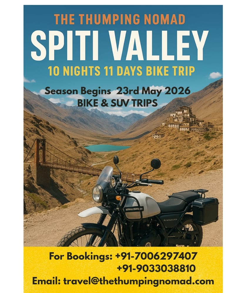 Spiti Valley bike trip poster with a motorcycle in a mountain valley