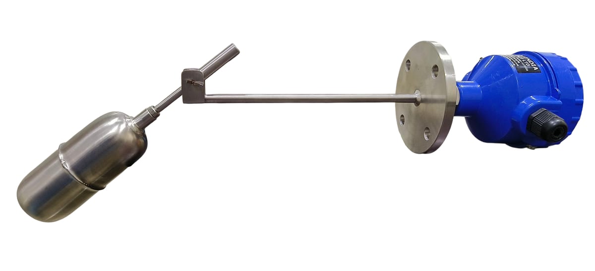 Industrial float switch with stainless steel float, mounting flange and blue housing