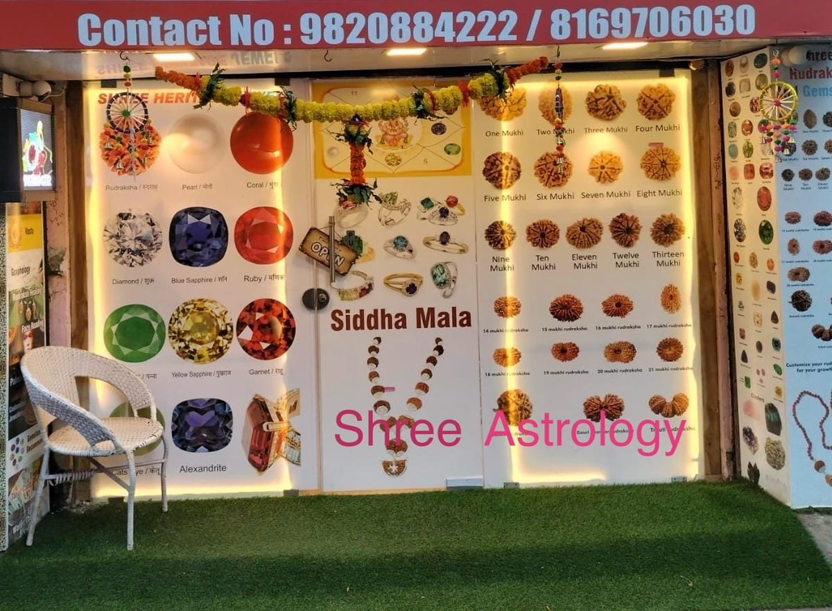 Shopfront displaying mala necklaces, gemstone jewellery and astrology posters