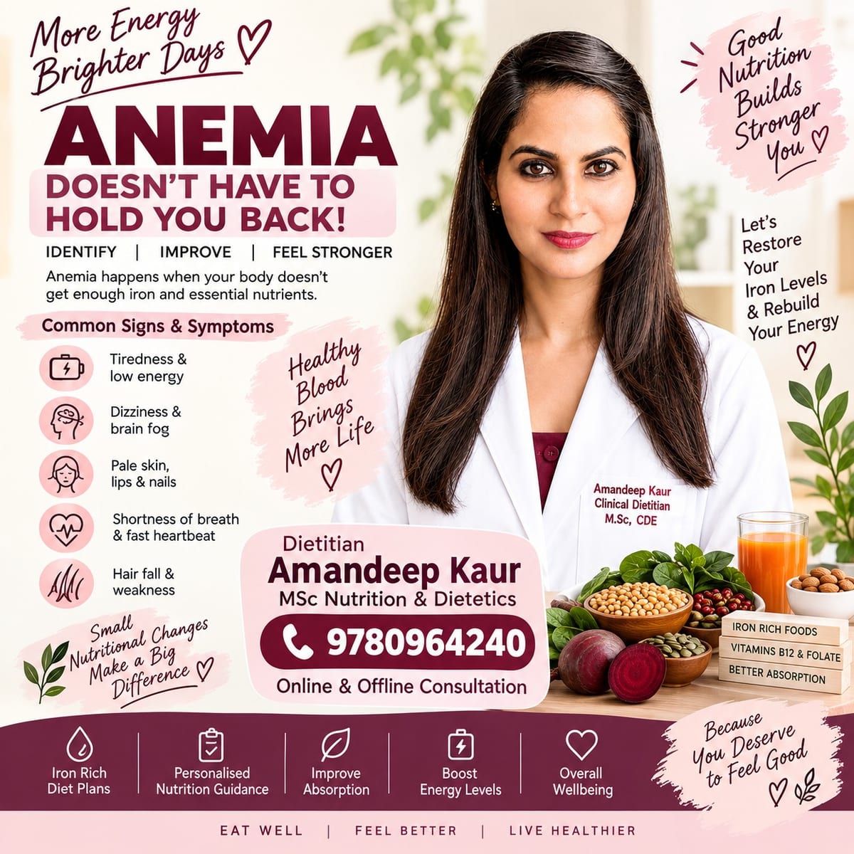 Nutrition graphic featuring dietitian Amandeep Kaur and iron-rich foods for anemia
