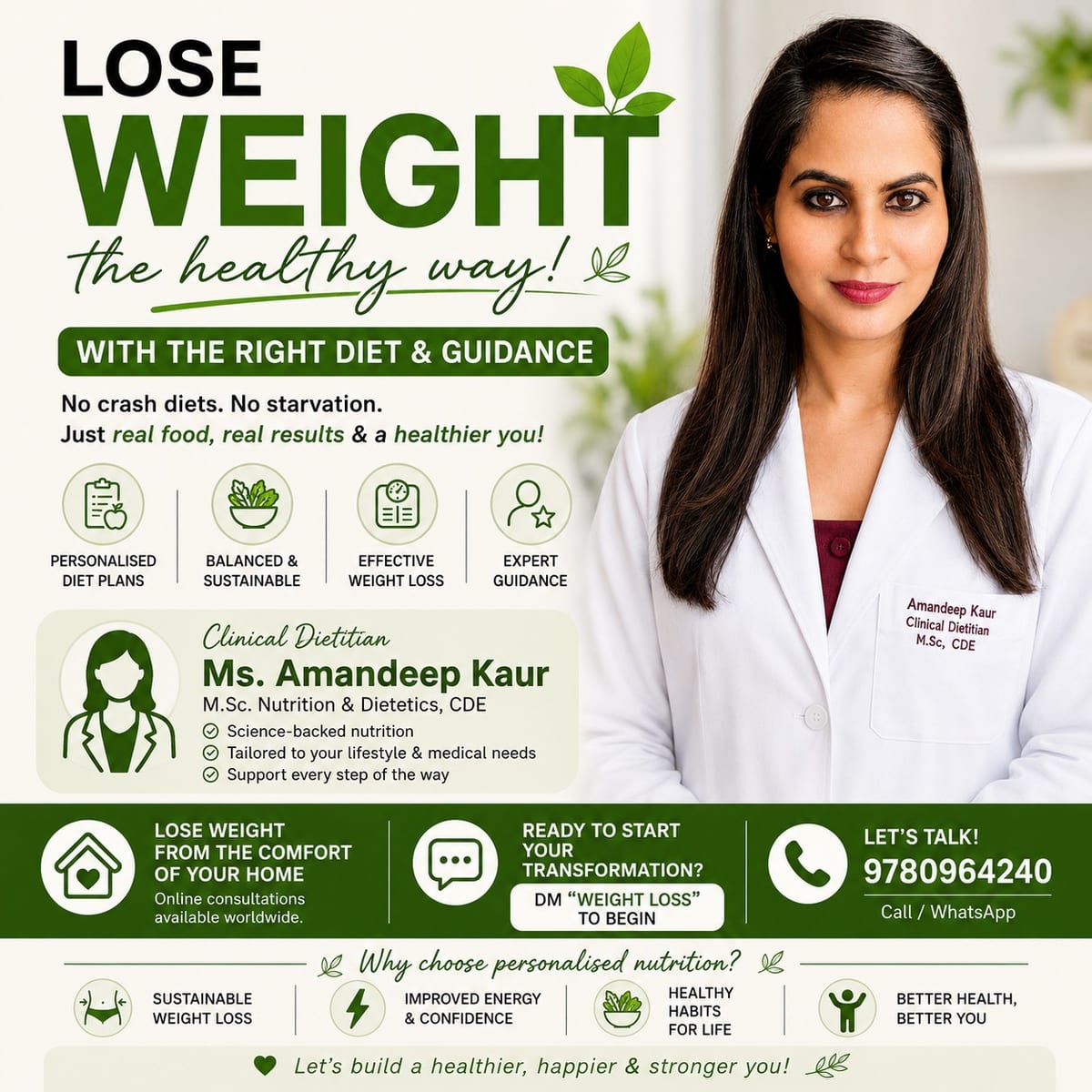 Weight-loss guidance graphic featuring clinical dietitian Ms. Amandeep Kaur in a white coat