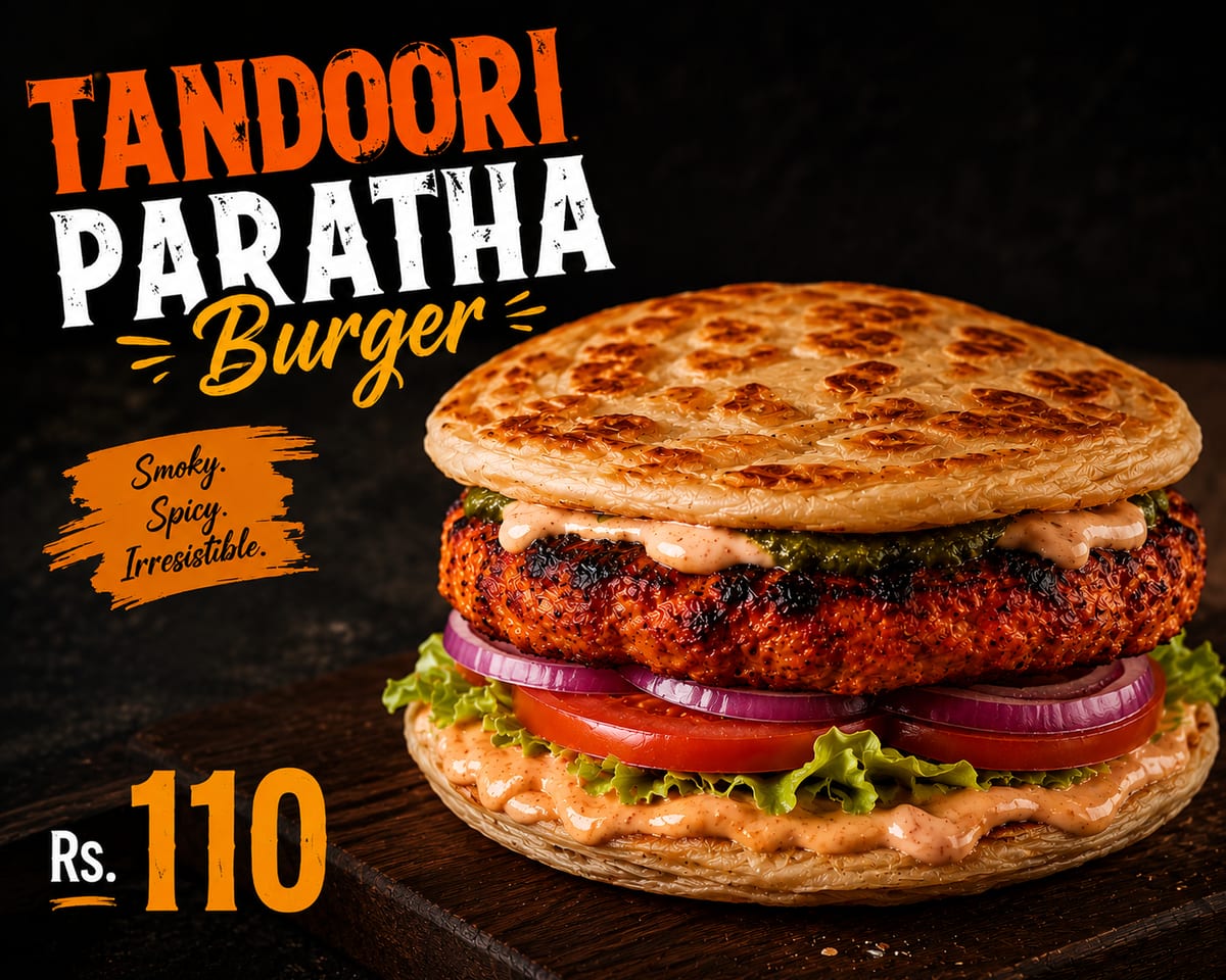 Tandoori paratha burger with lettuce, tomato, onion and sauce priced at Rs. 110