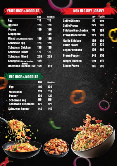Menu board listing fried rice, noodles and gravy dishes with food photographs