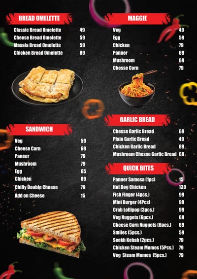 Black menu board listing omelettes, sandwiches, garlic bread, Maggie and quick bites