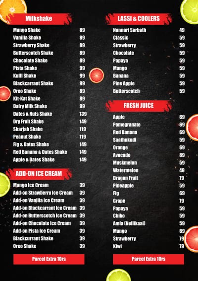 Menu board listing milkshakes, lassi, coolers, fresh juices and ice cream with prices