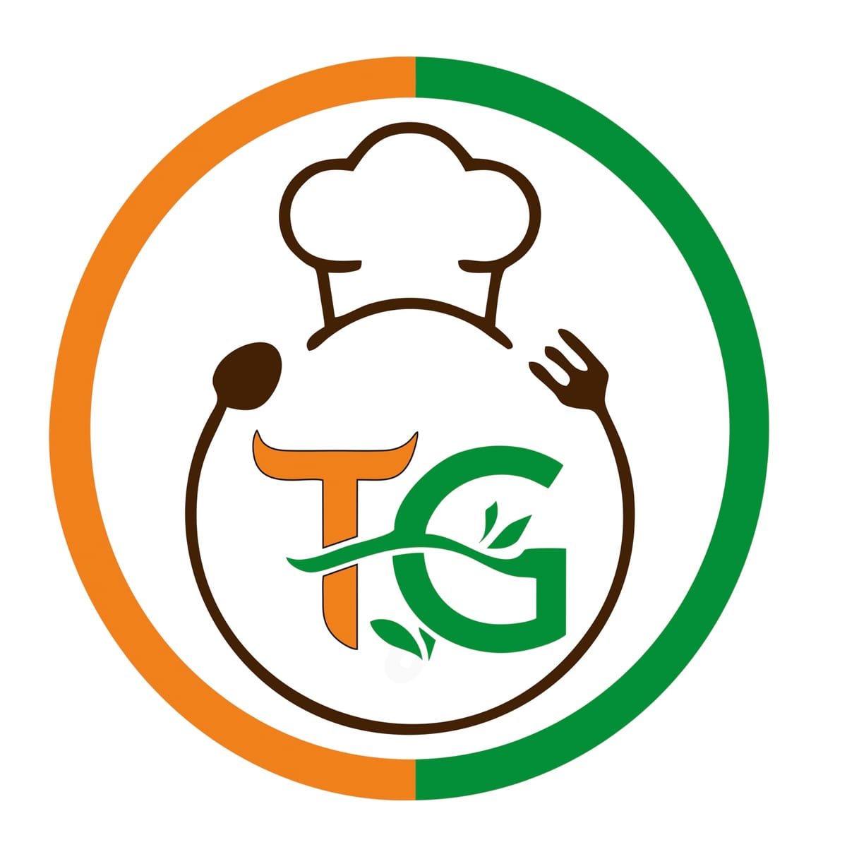 Circular Tasty Garden logo with chef hat, spoon, fork and orange and green lettering