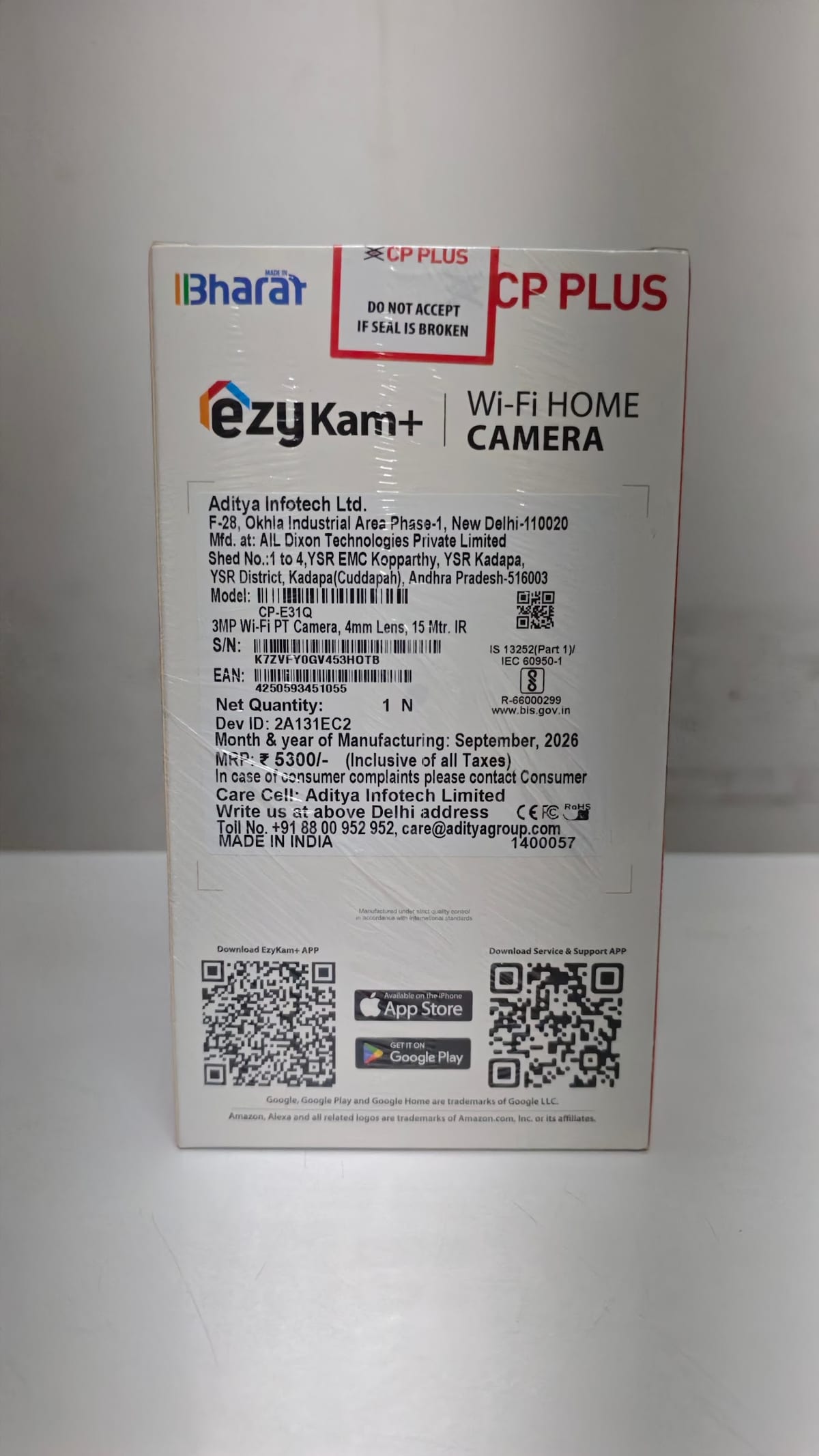 CP PLUS ezyKam+ Wi-Fi home camera packaging with product details and QR codes