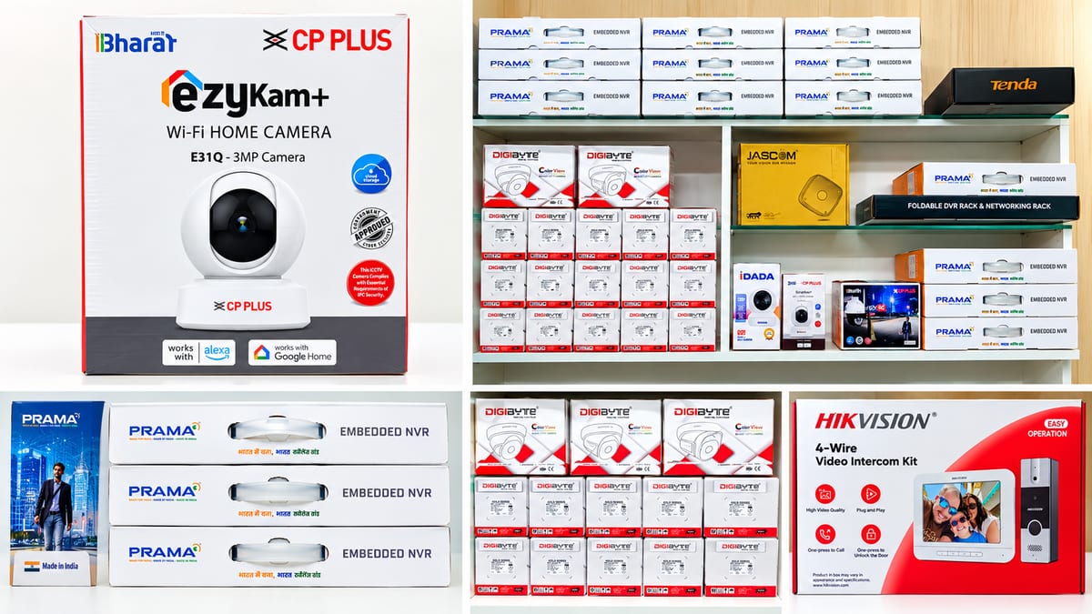 Shelves of security cameras, embedded NVRs and Hikvision video intercom kits