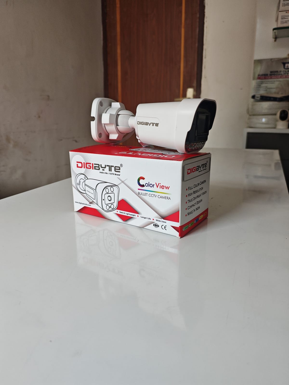 White outdoor CCTV camera on a ColorView Full HD box
