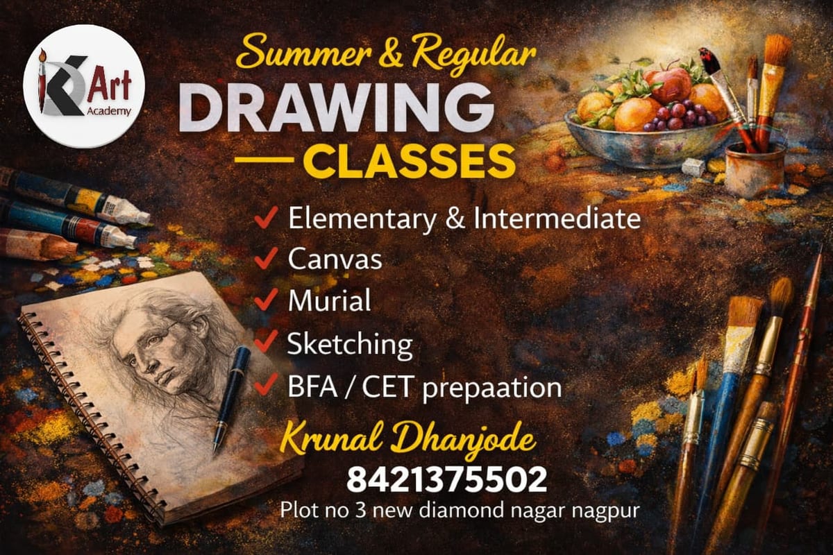 Drawing class poster listing elementary, intermediate, canvas, mural, sketching and BFA/CET preparation